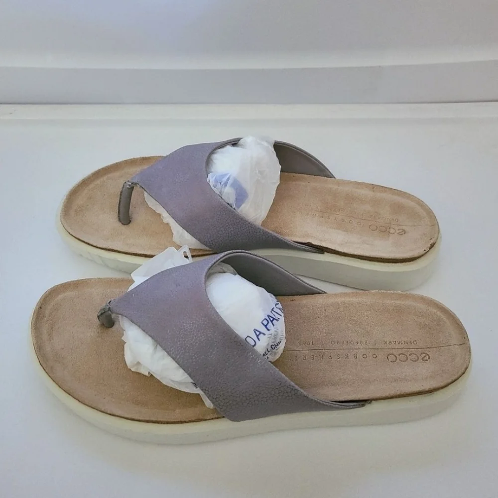 Ecco Corksphere Flip Flop Grey Leather Sandals Size 9